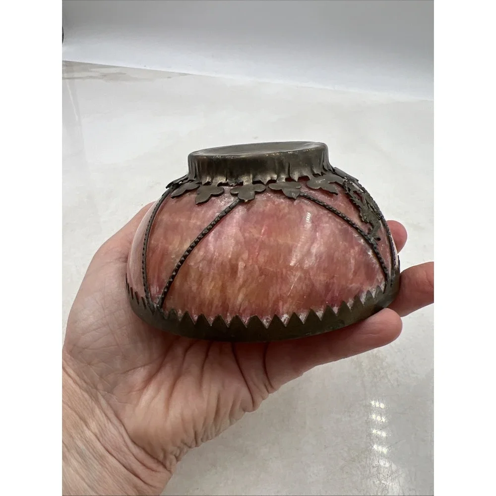 Antique Chinese Pink Crystal Soapstone Dragon & Phoenix Brass Bowl Home Decor